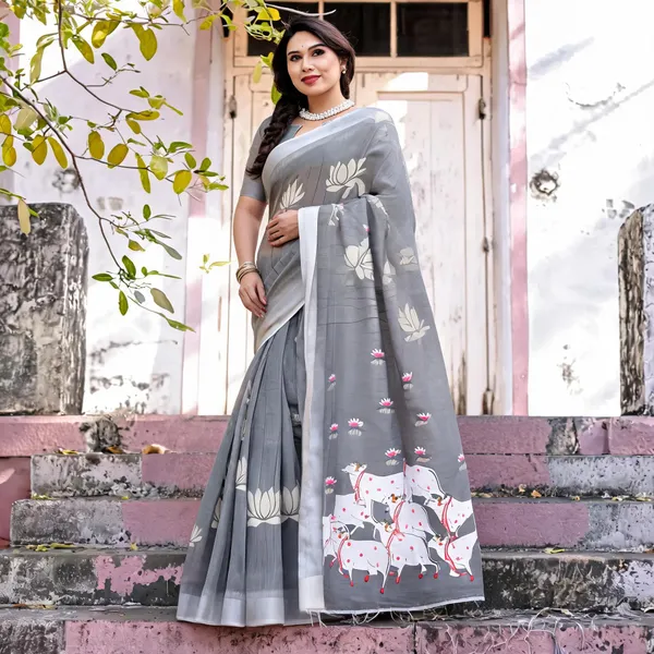Grey_Linen_Saree_with_Lotus_&_Cow_Motif_Print