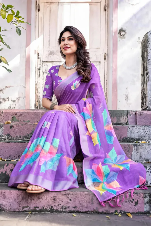 Purple_Linen_Cotton_Saree_with_Multicolour_Leaf_Print_&_Tassel_Border