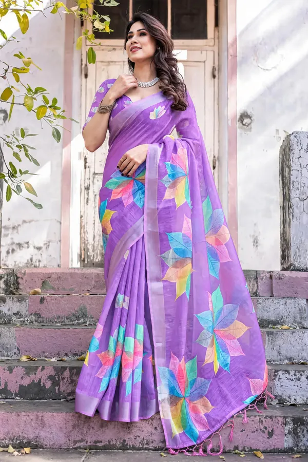 Purple_Linen_Cotton_Saree_with_Multicolour_Leaf_Print_&_Tassel_Border