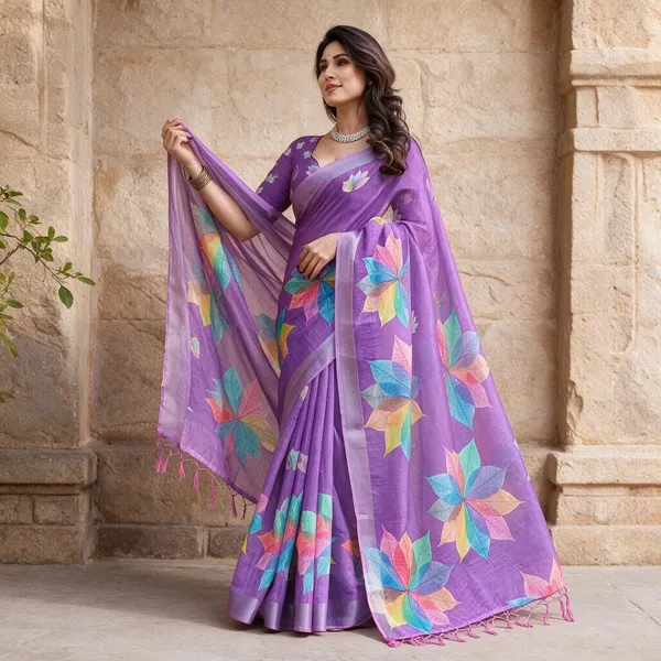Purple_Linen_Cotton_Saree_with_Multicolour_Leaf_Print_&_Tassel_Border