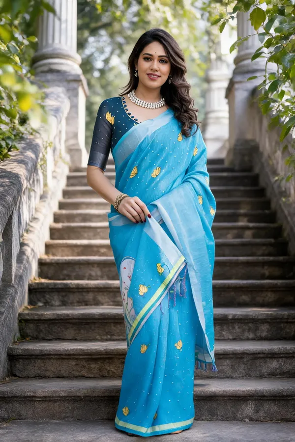 Light_Blue_Cotton_Linen_Chanderi_Saree_with_Floral_Print