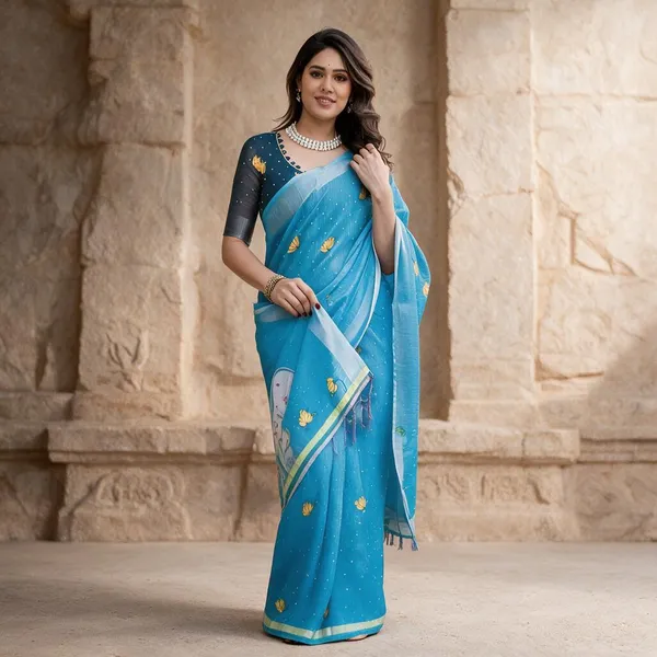 Light_Blue_Cotton_Linen_Chanderi_Saree_with_Floral_Print