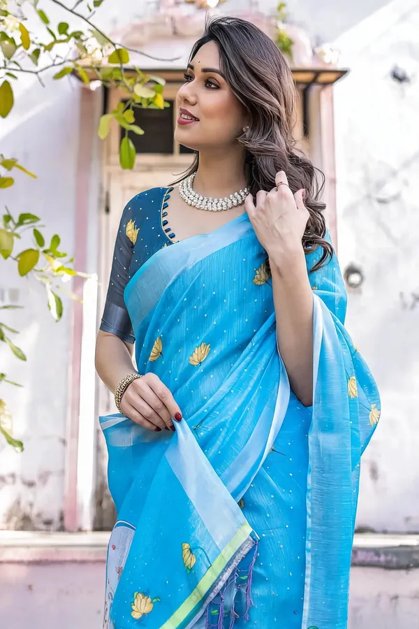 Light_Blue_Cotton_Linen_Chanderi_Saree_with_Floral_Print