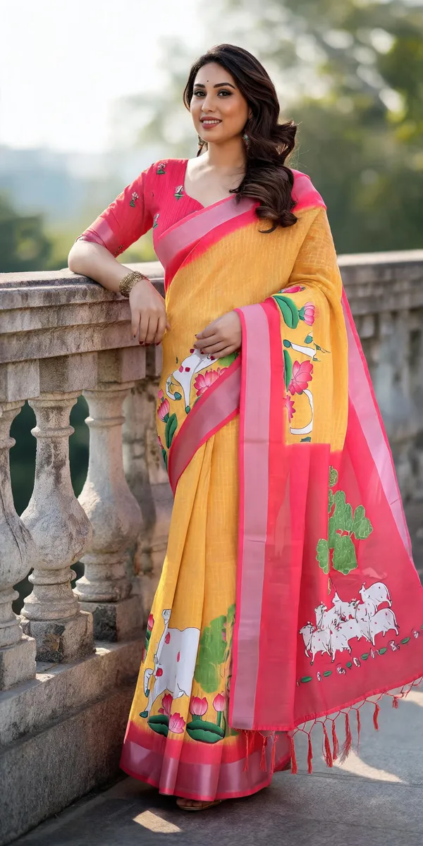 Yellow_&_Pink_Linen_Cotton_Saree_with_Floral_Print