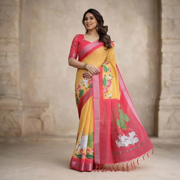 Yellow_&_Pink_Linen_Cotton_Saree_with_Floral_Print