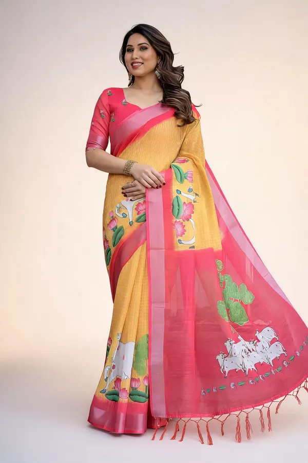 Yellow_&_Pink_Linen_Cotton_Saree_with_Floral_Print