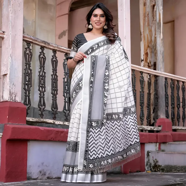 White_&_Grey_Linen_Cotton_Saree_with_Elephant_Border_&_Zigzag_Pallu_|_Handloom_Style