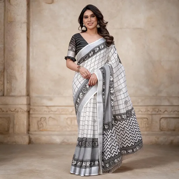 White_&_Grey_Linen_Cotton_Saree_with_Elephant_Border_&_Zigzag_Pallu_|_Handloom_Style