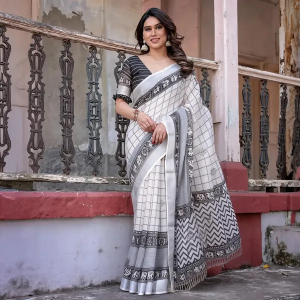 White_&_Grey_Linen_Cotton_Saree_with_Elephant_Border_&_Zigzag_Pallu_|_Handloom_Style