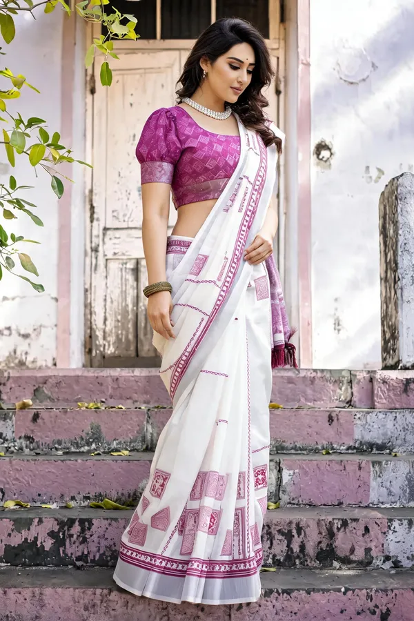 White_Linen_Cotton_Saree_with_Pink_Printed_Border_&_Blouse
