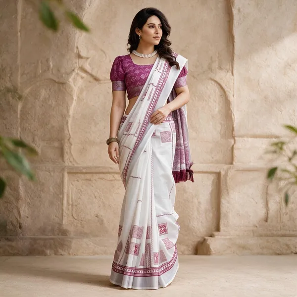 White_Linen_Cotton_Saree_with_Pink_Printed_Border_&_Blouse