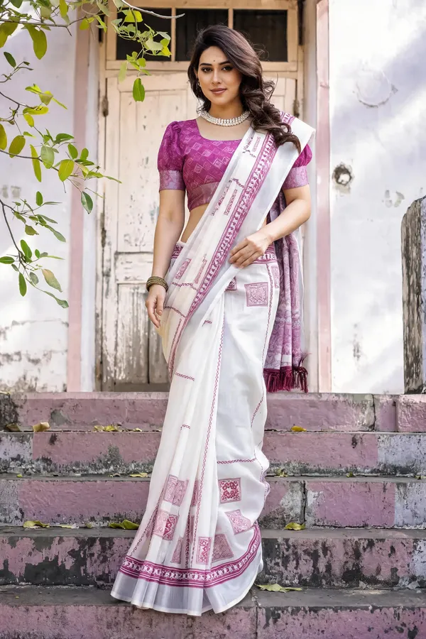 White_Linen_Cotton_Saree_with_Pink_Printed_Border_&_Blouse
