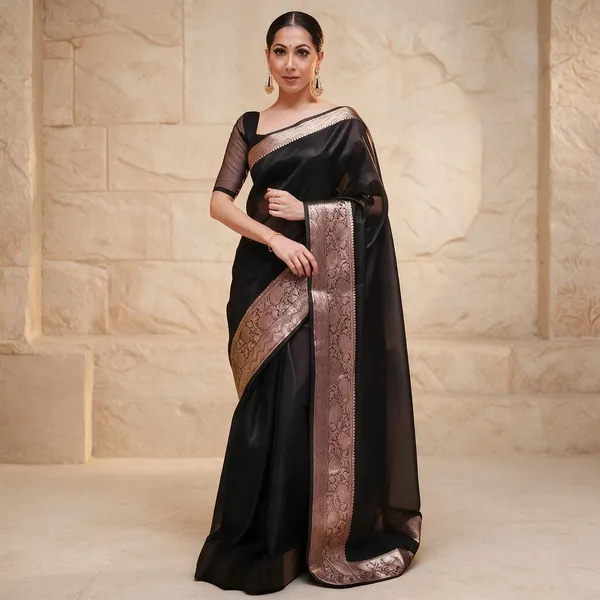 Black_Kanjivaram_Organza_Saree_with_Woven_Zari_Border_|_Elegant_Party_Wear_Saree