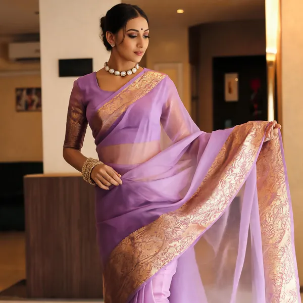 Lavender_Kanjivaram_Organza_Saree_with_Woven_Zari_Border_|_Graceful_Festive_Look