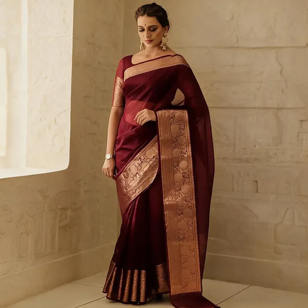 Maroon_Kanjivaram_Organza_Saree_with_Rich_Zari_Border_|_Premium_Ethnic_Wear