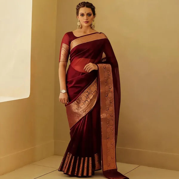 Maroon_Kanjivaram_Organza_Saree_with_Rich_Zari_Border_|_Premium_Ethnic_Wear