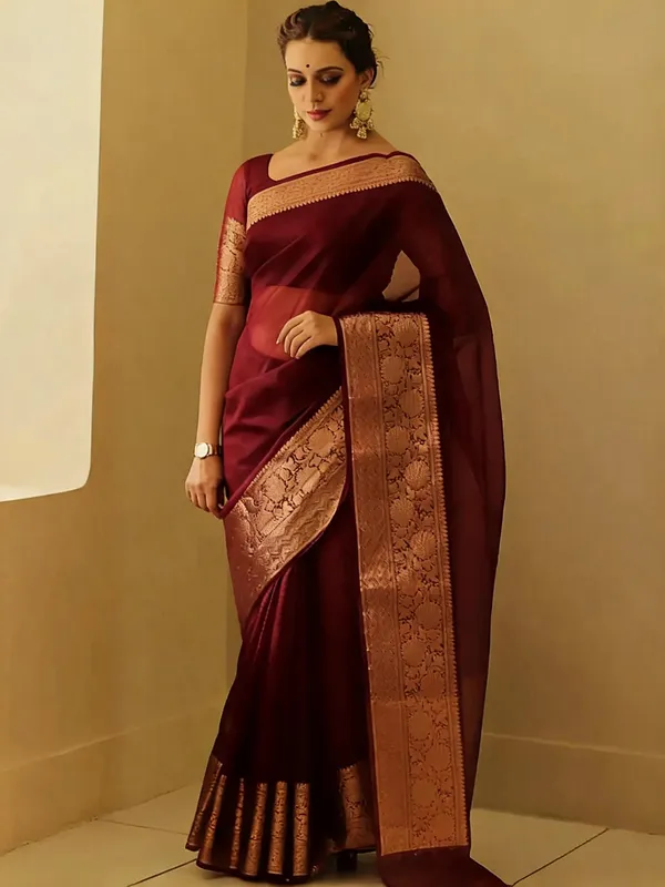 Maroon_Kanjivaram_Organza_Saree_with_Rich_Zari_Border_|_Premium_Ethnic_Wear