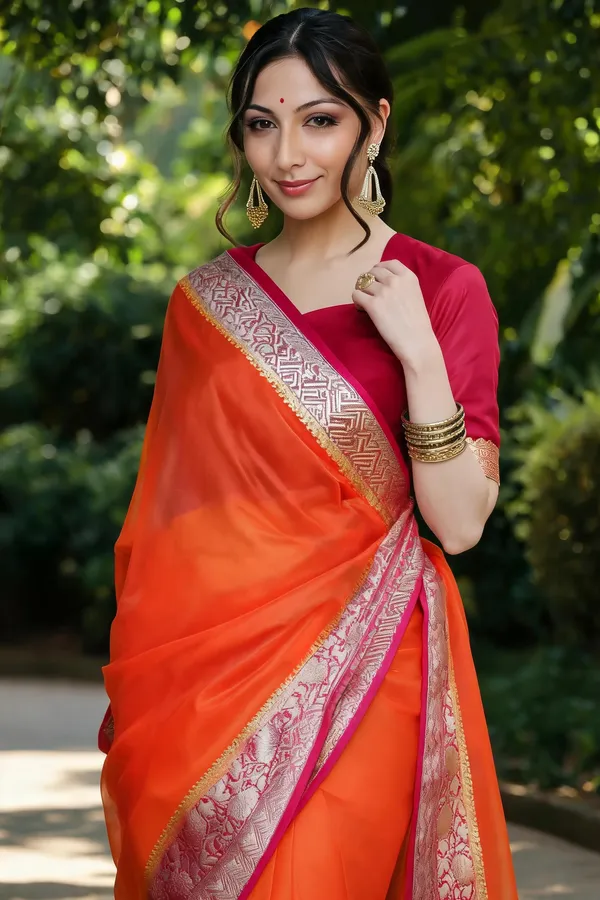 Orange_Kanjivaram_Organza_Saree_with_Golden_Zari_Border_|_Traditional_Party_Wear