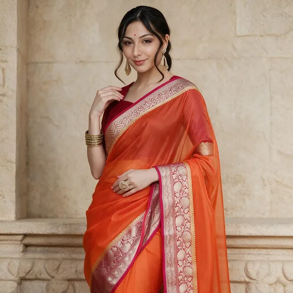 Orange_Kanjivaram_Organza_Saree_with_Golden_Zari_Border_|_Traditional_Party_Wear