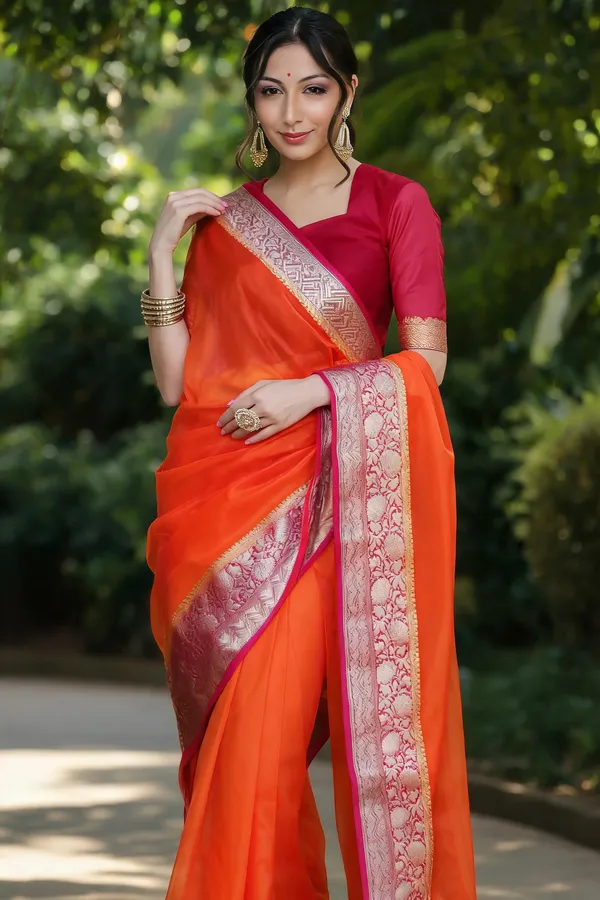 Orange_Kanjivaram_Organza_Saree_with_Golden_Zari_Border_|_Traditional_Party_Wear