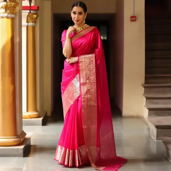 Pink_Kanjivaram_Organza_Saree_with_Elegant_Zari_Border_|_Wedding_&_Party_Wear