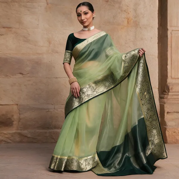 Pista_Green_Kanjivaram_Organza_Saree_with_Zari_Border_|_Elegant_Ethnic_Wear