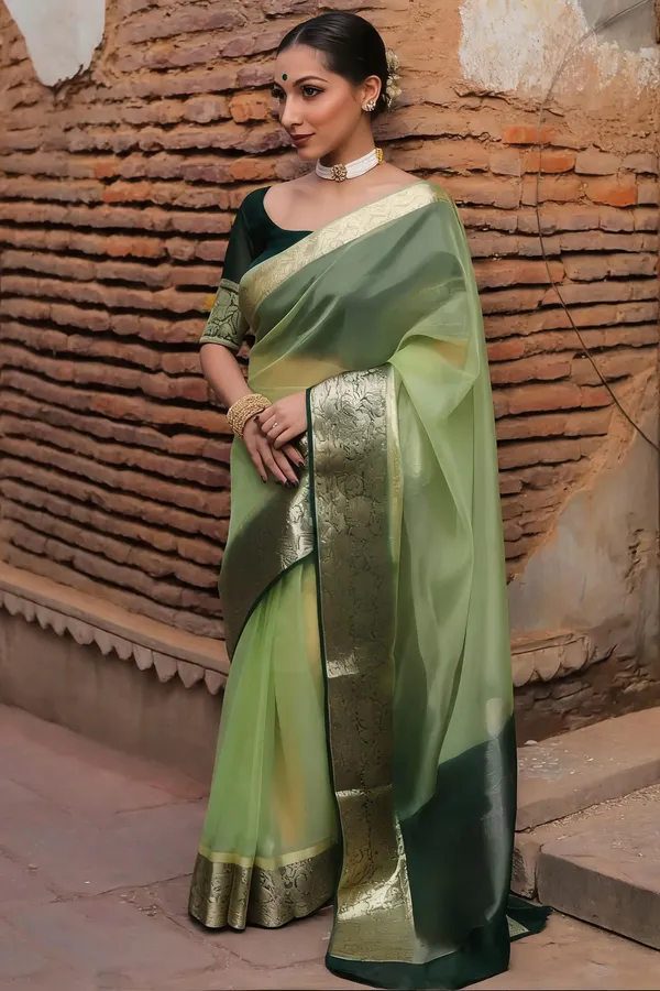 Pista_Green_Kanjivaram_Organza_Saree_with_Zari_Border_|_Elegant_Ethnic_Wear
