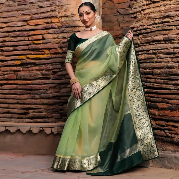 Pista_Green_Kanjivaram_Organza_Saree_with_Zari_Border_|_Elegant_Ethnic_Wear