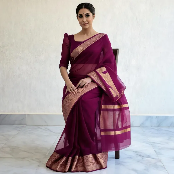 Wine_Kanjivaram_Organza_Saree_with_Rich_Zari_Border_|_Elegant_Festive_Wear_Saree