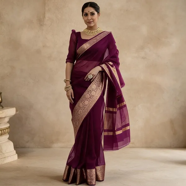 Wine_Kanjivaram_Organza_Saree_with_Rich_Zari_Border_|_Elegant_Festive_Wear_Saree