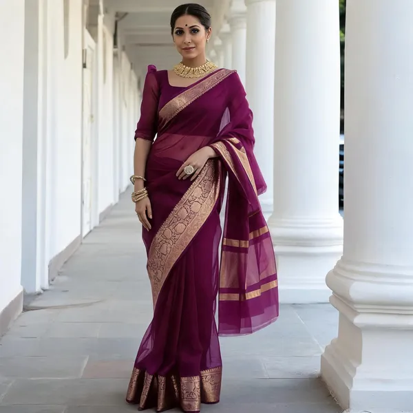 Wine_Kanjivaram_Organza_Saree_with_Rich_Zari_Border_|_Elegant_Festive_Wear_Saree