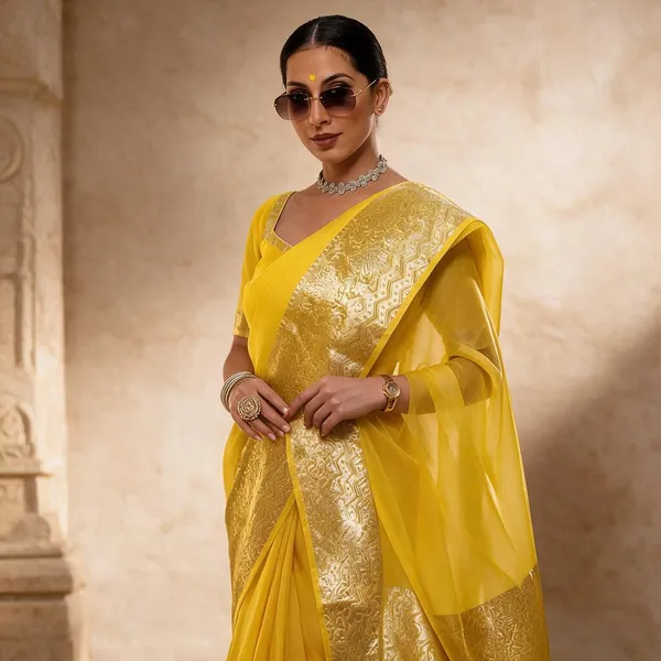 Yellow_Kanjivaram_Organza_Saree_with_Elegant_Zari_Border_|_Festive_&_Wedding_Wear