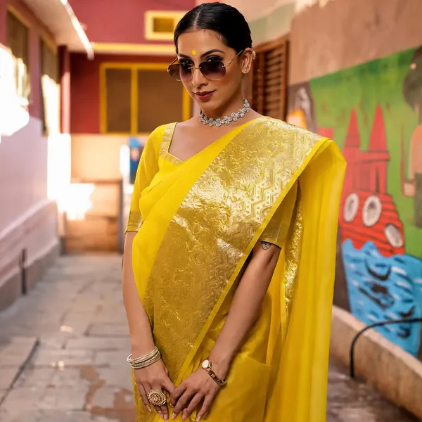 Yellow_Kanjivaram_Organza_Saree_with_Elegant_Zari_Border_|_Festive_&_Wedding_Wear