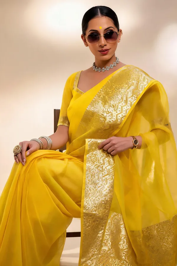Yellow_Kanjivaram_Organza_Saree_with_Elegant_Zari_Border_|_Festive_&_Wedding_Wear