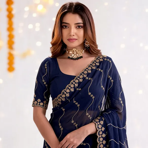 Blue_Star_Georgette_Saree_with_Embroidery_Work_&_Contrast_Blouse_|_Elegant_Ethnic_Wear