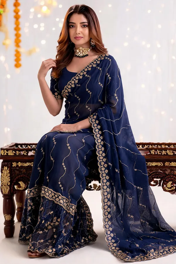 Blue_Star_Georgette_Saree_with_Embroidery_Work_&_Contrast_Blouse_|_Elegant_Ethnic_Wear