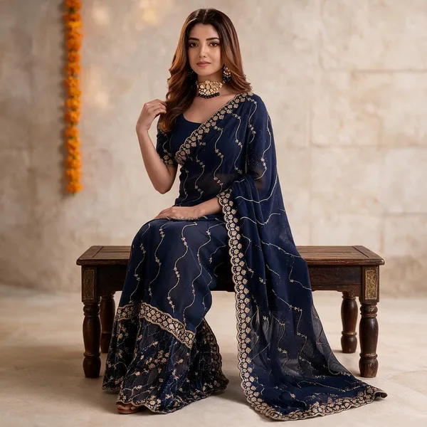 Blue_Star_Georgette_Saree_with_Embroidery_Work_&_Contrast_Blouse_|_Elegant_Ethnic_Wear