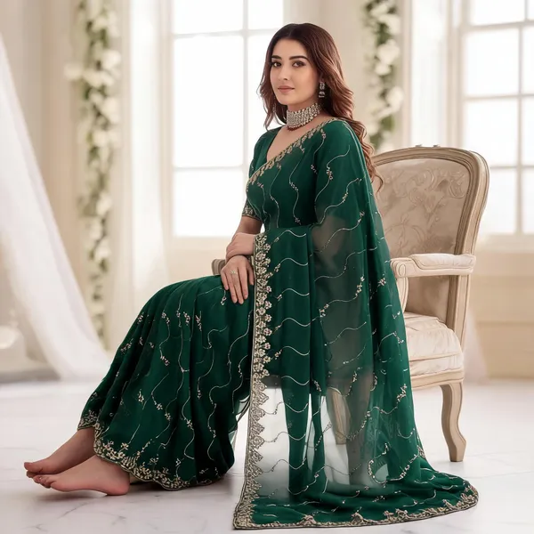 Green_Star_Georgette_Saree_with_Embroidery_Work_&_Contrast_Blouse_|_Festive_Wear