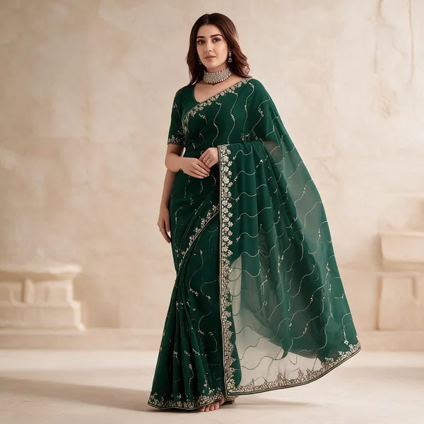 Green_Star_Georgette_Saree_with_Embroidery_Work_&_Contrast_Blouse_|_Festive_Wear