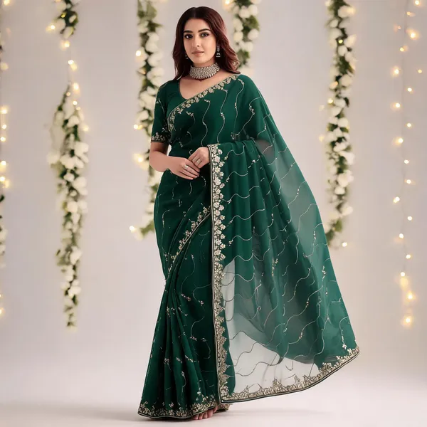 Green_Star_Georgette_Saree_with_Embroidery_Work_&_Contrast_Blouse_|_Festive_Wear