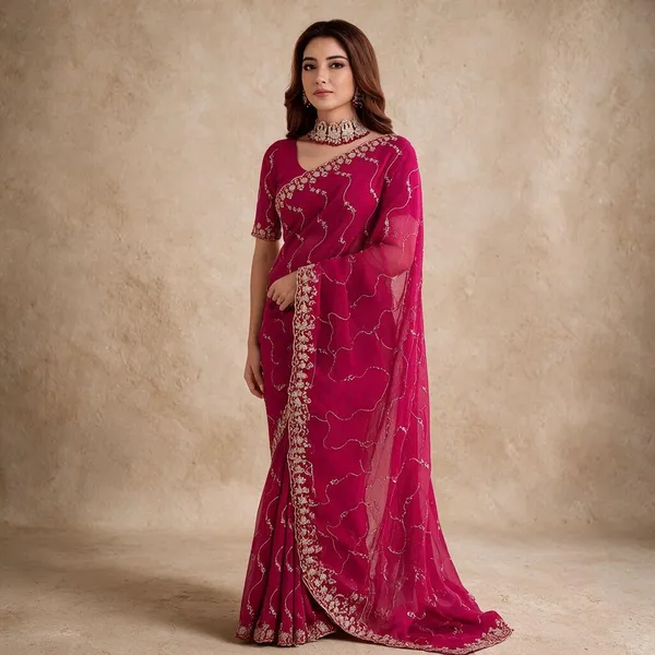 Rani_Pink_Star_Georgette_Saree_with_Embroidery_Work_&_Contrast_Blouse_|_Festive_Saree
