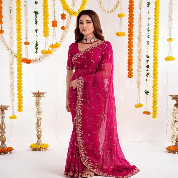 Rani_Pink_Star_Georgette_Saree_with_Embroidery_Work_&_Contrast_Blouse_|_Festive_Saree