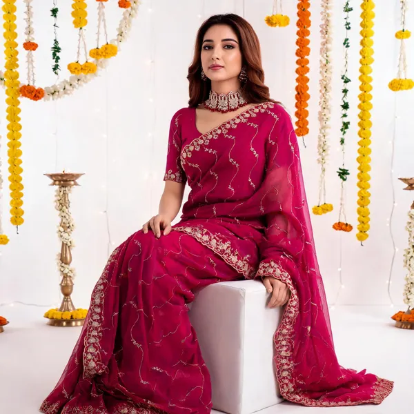 Rani_Pink_Star_Georgette_Saree_with_Embroidery_Work_&_Contrast_Blouse_|_Festive_Saree