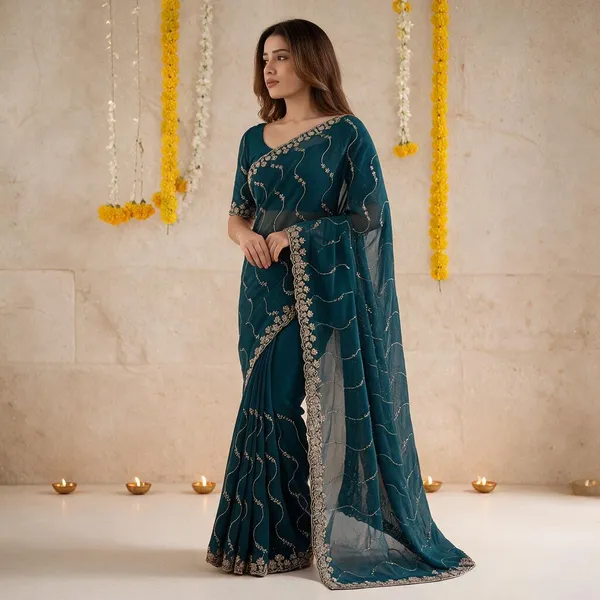 Teal_Star_Georgette_Saree_with_Embroidery_Work_&_Contrast_Blouse_|_Party_Wear