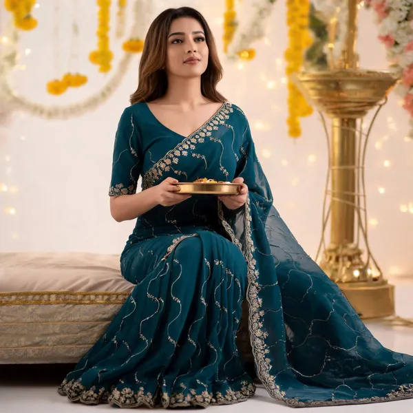 Teal_Star_Georgette_Saree_with_Embroidery_Work_&_Contrast_Blouse_|_Party_Wear