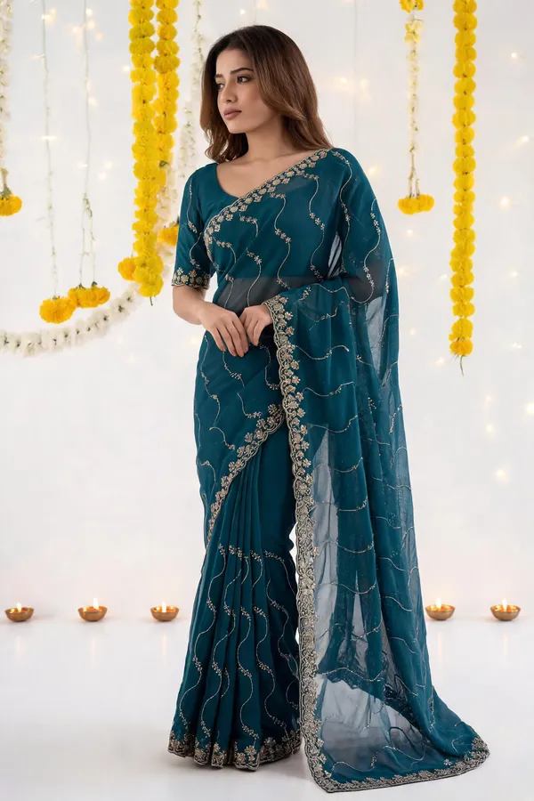 Teal_Star_Georgette_Saree_with_Embroidery_Work_&_Contrast_Blouse_|_Party_Wear