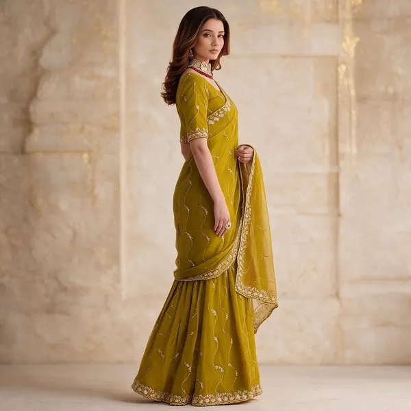 Yellow_Star_Georgette_Saree_with_Embroidery_Work_&_Contrast_Blouse_|_Wedding_Wear