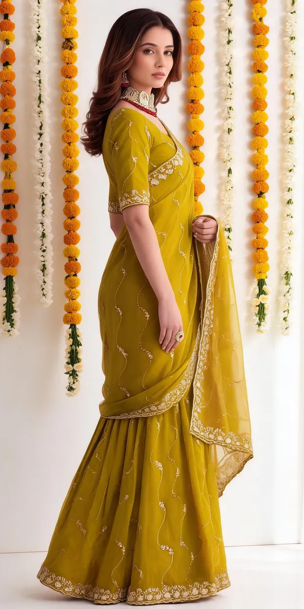 Yellow_Star_Georgette_Saree_with_Embroidery_Work_&_Contrast_Blouse_|_Wedding_Wear