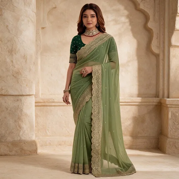 Green_Embroidered_Georgette_Saree_with_Contrast_Embroidered_Blouse