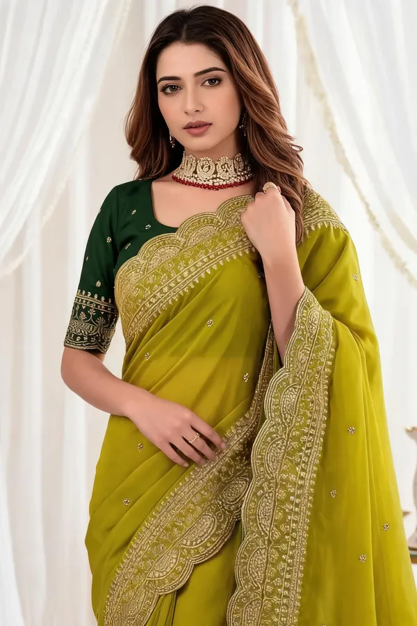 Lime_Embroidered_Georgette_Saree_with_Contrast_Embroidered_Blouse